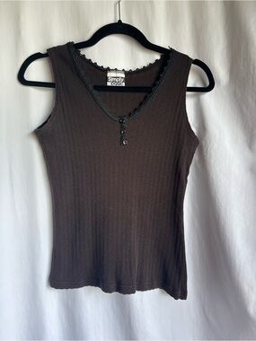 Vintage Simply Basic Chocolate Brown Ribbed Lace-Trim Tank Y2K